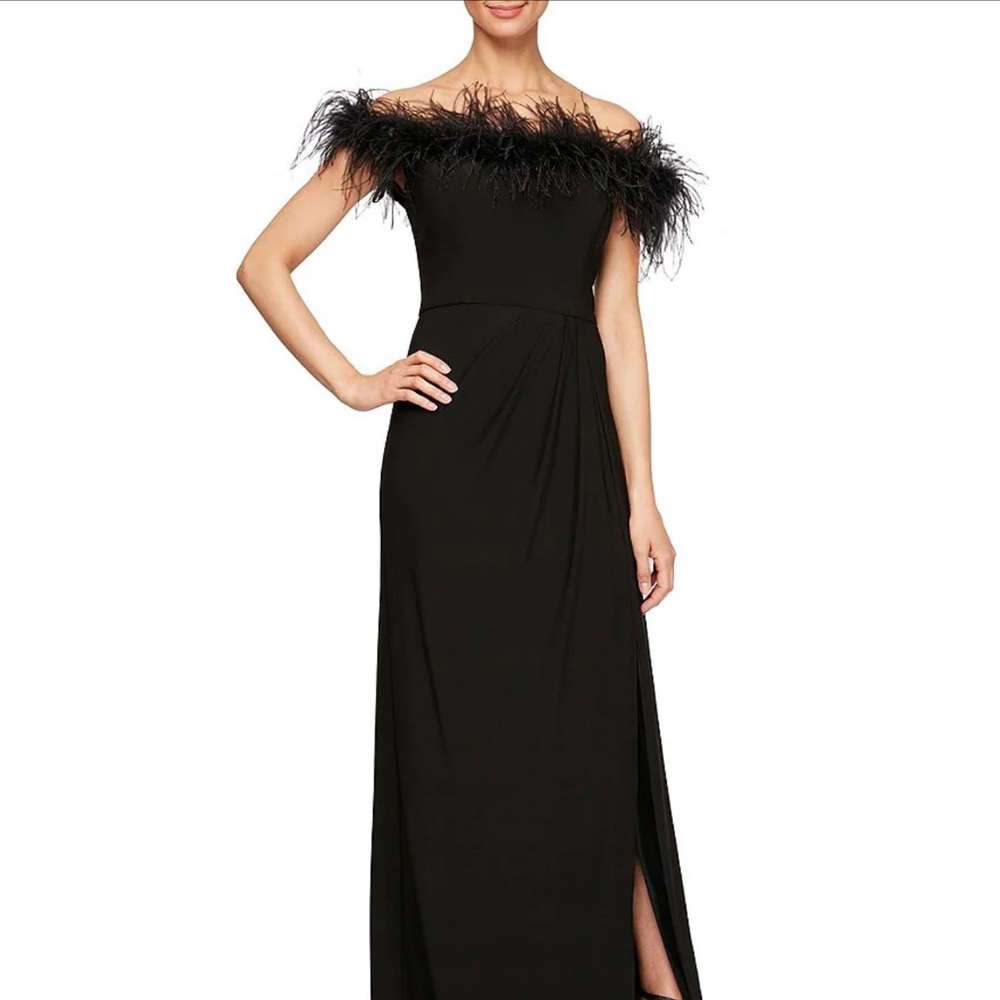 Alex Evenings Feather Off-the-Shoulder Front Slit Gown